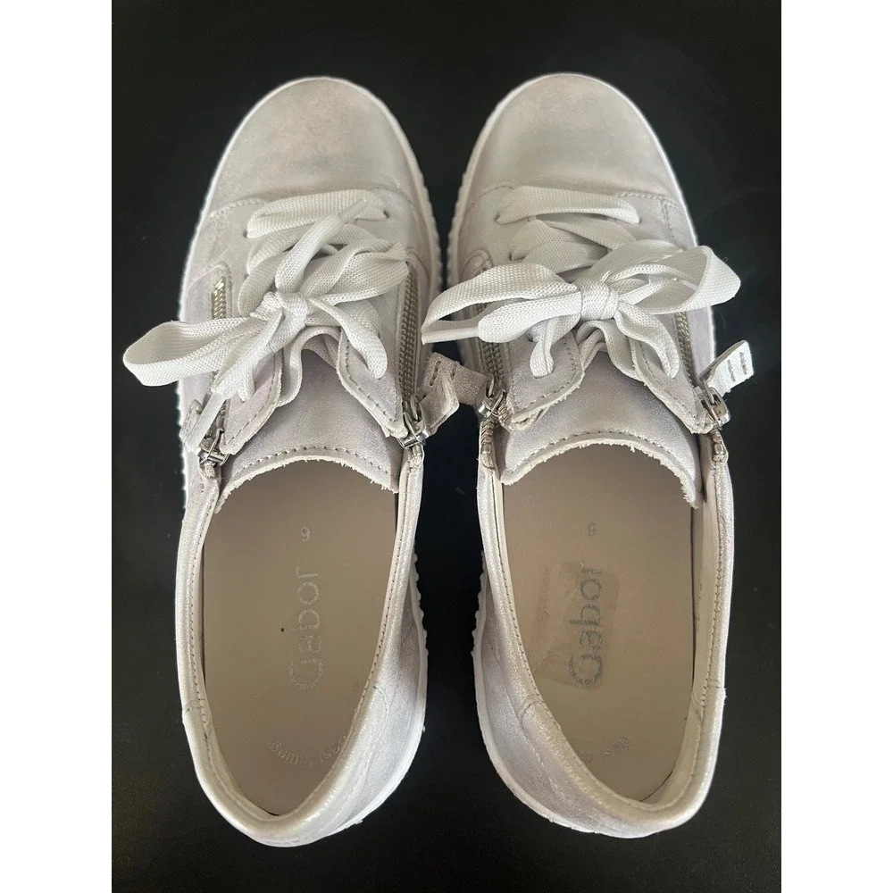 Gabor Best Fitting Silver Metallic Leather Side Zip Platform Sneakers Shoes 6